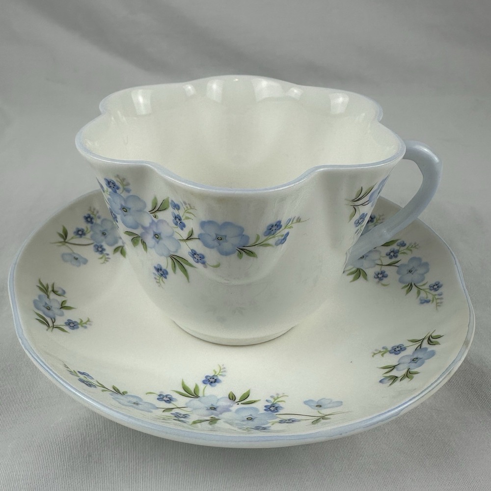 Crown Staffordshire Rock Garden Teacup Saucer Scalloped Blue Floral Cottagecore